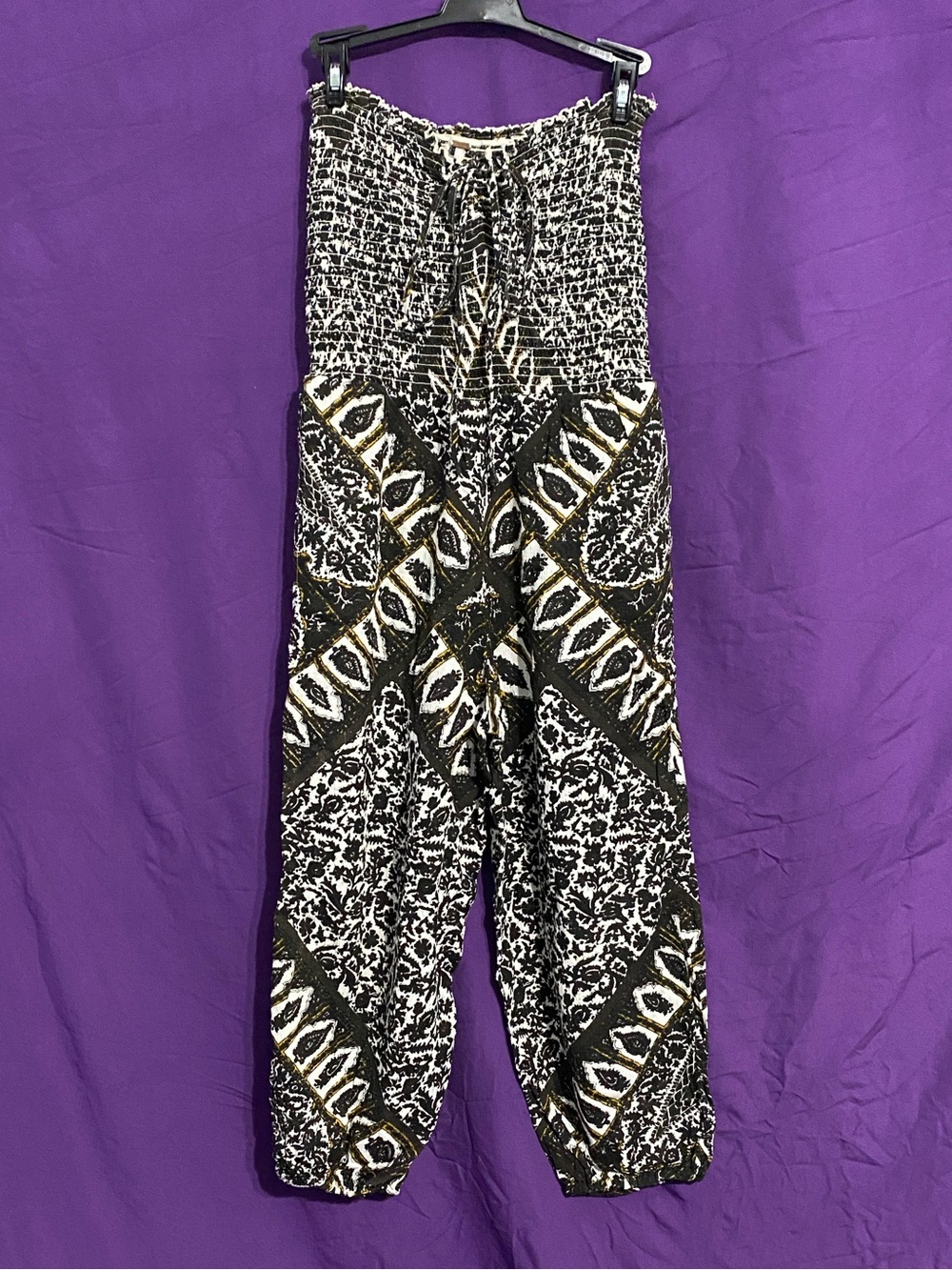 Free People Black, White & Gold Smocked Strapless Tribal Harem Jumpsuit. Size S.
